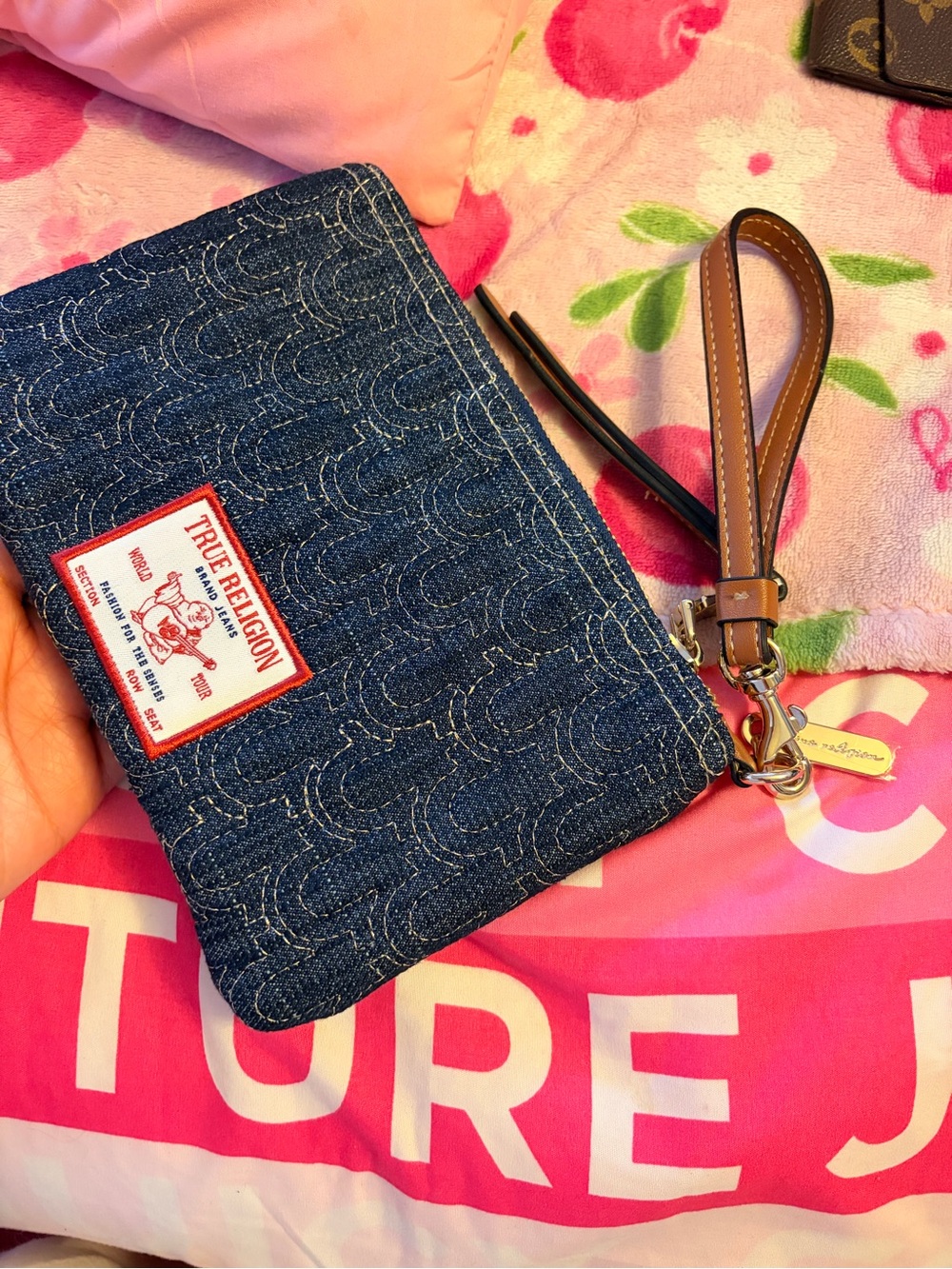 True Religion Denim Wristlet Clutch with Brown Leather Strap